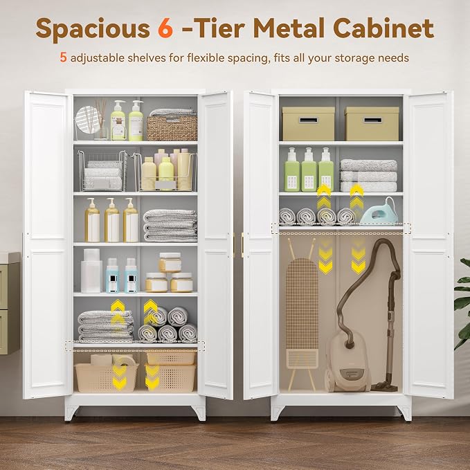 Polup 75" Pantry Cabinet, Tall Metal Storage Cabinet with Doors and Shelves | White Kitchen Cabinet, 5 Adjustable Shelving, Heavy-Duty Steel, Gold Handles, 4 Standing Feet, for Garage Office & Laundry