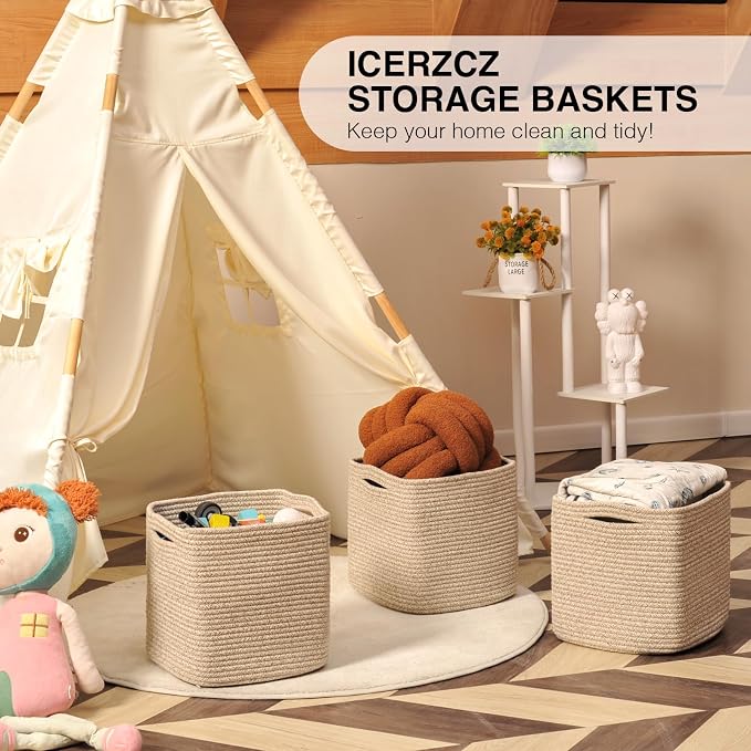 ICERZCZ 13 Inch Cube Closet Storage Bins, Woven Cotton Rope Organizer Baskets for Organizing & Shelves, Books, Towels, Clothes, Toys, 13x13x13 in, Brown (Pack of 3)