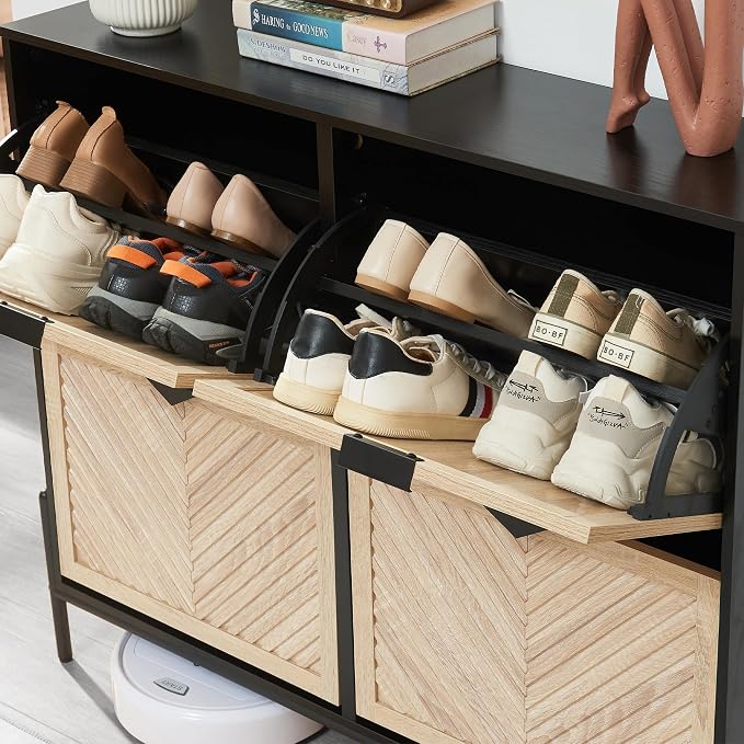 Shoe Cabinet with 4 Flip Drawers, Narrow Entryway Rack, Oak&Black | Slanted Wood Grain, Freestanding, Adjustable Compartments, Removable Middle Shelf, Metal Handles, for Hallway Foyer Entrance