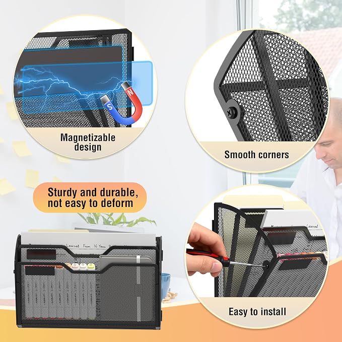 Docnest 3 Pack 3 Tier Dual-Mount Magnetic Mesh File Holders, Wall Organizer | Mount magnets or screws. 2-in-1 hanging mesh mail letter organizer with hooks for office and home clutter