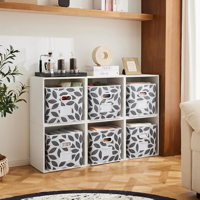MAX Houser Foldable Fabric Storage Cubes Bins with Dual Plastic Handles, Set of 6, Closet Bedroom Drawer Organizer, Grey