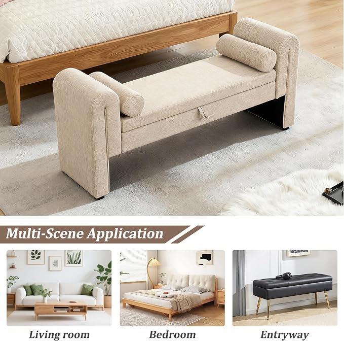 65" Velvet Button Tufted Storage Ottoman Bench Wood Legs Bedroom (Oatmeal)