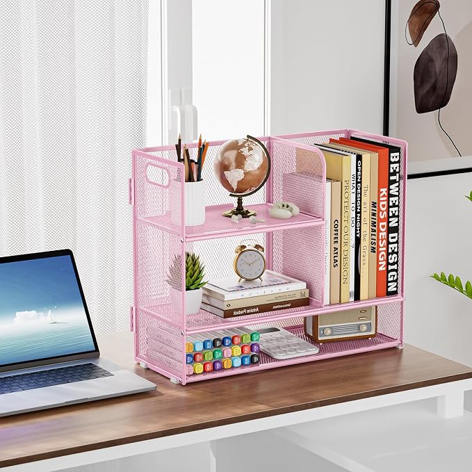 Marbrasse Desk Shelf Organizer with Handle, Bookshelf File Holder, Pink | 3-Tier Desktop Mesh Display Shelf Organizer Storage Rack for Office, Home, Supplies, Kitchen