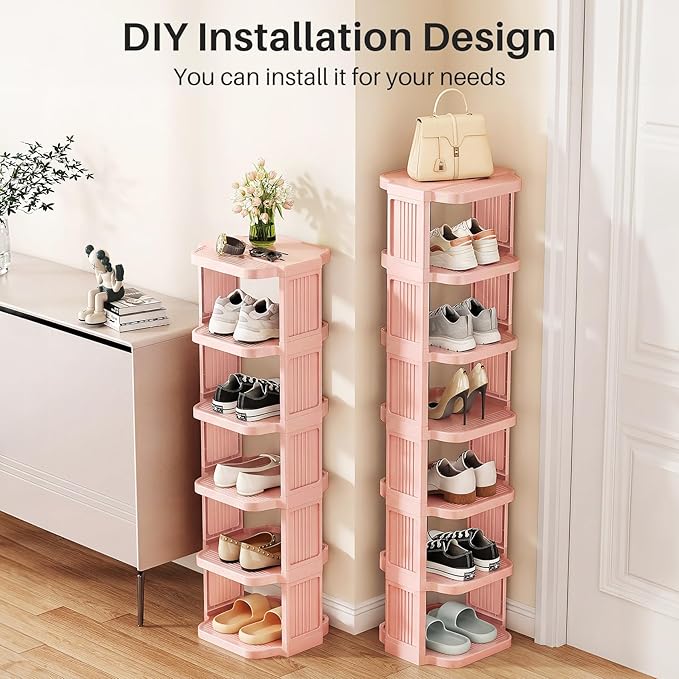Kitstorack 5-Tier Vertical Plastic Shoe Rack, Freestanding Stackable Shoe Storage Organizer Cubes Shoe Shelf Tower or Small Closets and Tight Spaces, Pink