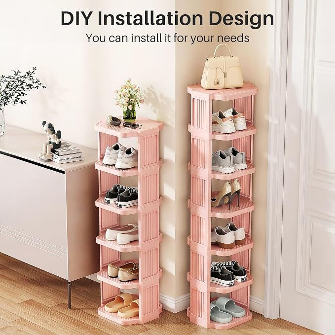 Kitstorack 8-Tier Vertical Plastic Shoe Rack, Freestanding Stackable Shoe Storage Organizer Cubes Shoe Shelf Tower or Small Closets and Tight Spaces, Pink