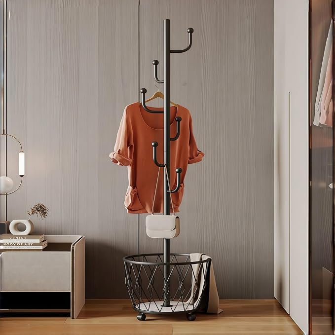 Black Moveable Cactus Metal Coat Rack with Basket Freestanding 65" | Modern Organizer for Scarf Jacket Hat Bags Ideal for Home Entryway Bedroom Corner Stable