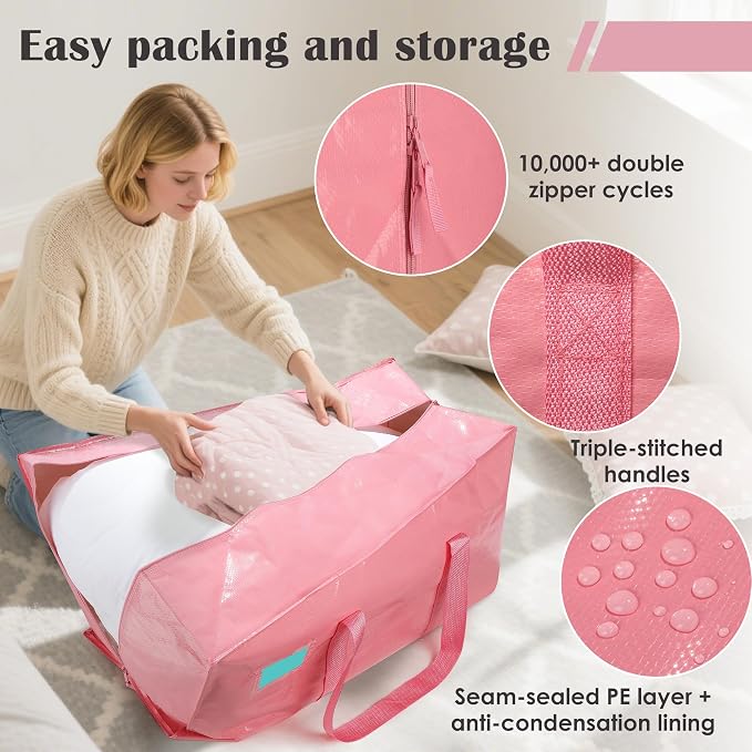 6 Pack Moving Bags with Full-Open Side Zipper, Extra Large 93L Heavy Duty Waterproof Foldable Storage Totes for College Dorm, Moving & Home Organization Pink