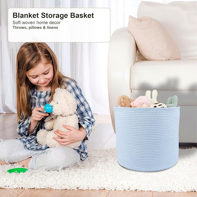 XUANGUO Cotton Rope Basket For Girls Boys Kids 16”X14 Blue | Baby Laundry Baskets, Blanket Basket, Nursery Bin; Round Woven Basket Organizer for Toy Storage, Blankets, Shoes and Clothes