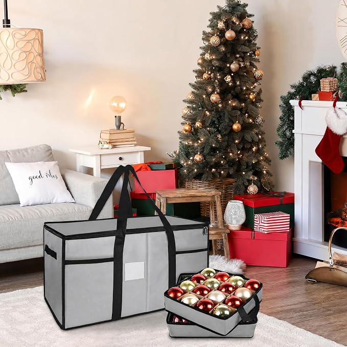 Christmas Ornament Storage Box with Dividers, Holds 128 Balls, Gray | 600D Oxford Fabric, Adjustable Dividers, Removable Trays, Dual Zippers, Reinforced Handles