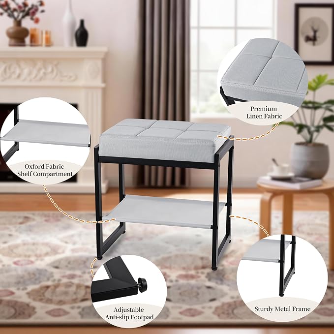 Vanity Stool, Vanity Chair Stools with a Lower Storage Shelf, Square Linen Upholstered Ottoman Bench for Bedroom, Living Room, Small Modern Metal Legs Makeup Chairs, Grey&Black