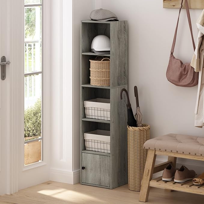 Furinno LUDER Book Shelf, 5-Tier Modern Bookshelf, Bookcase with 1 Door Storage Cabinet, 9.3 x 12 x 52, for Organization and Storage, for Living Room, Bedroom, Home Office, French Oak