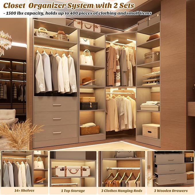 Besiost Corner Closet System with 3 Drawers, Corner Closet Organizer System with 13 Shelves & 3 Hanging Rods, 63.2"L * 39.2"W Reversible L Shaped Walk-in Closets, Load 2000+LBS, Grey