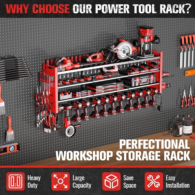 49.8" Power Tool Organizer Wall Mount,Holds 14 Cordless Drills | Large 4-Tier Tool Storage Rack, Heavy Duty 450 lb Load Capacity for Garage Workshop, Black, Gift for Men