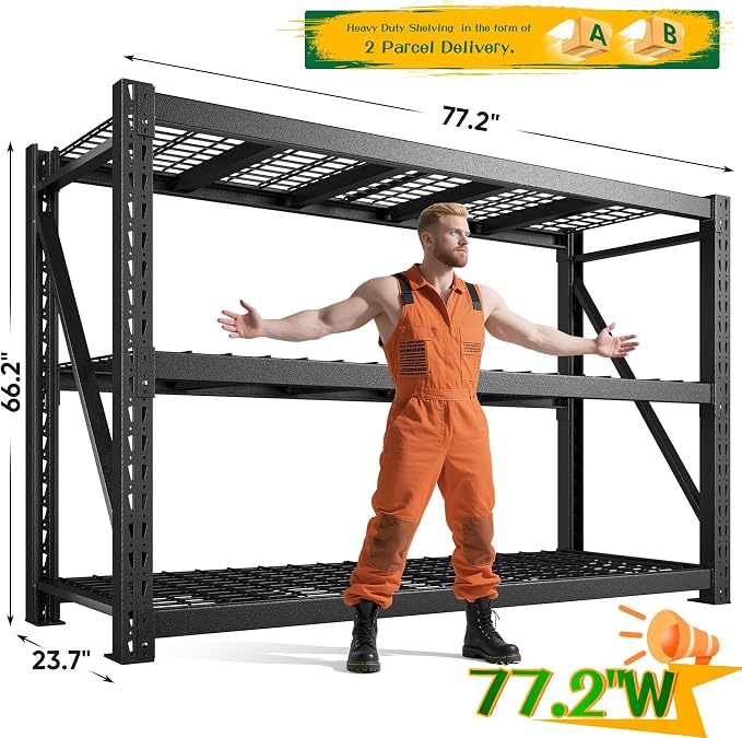 Bepatio 77" W Garage Shelving Storage Shelves, 3 Tier Metal Shelving Unit Heavy Duty for Storage, Adjustable Black Shelves for Commercial, Industrials, Garage, Basement, 6600lbs,77.2" W*23.7" D*66.2”H