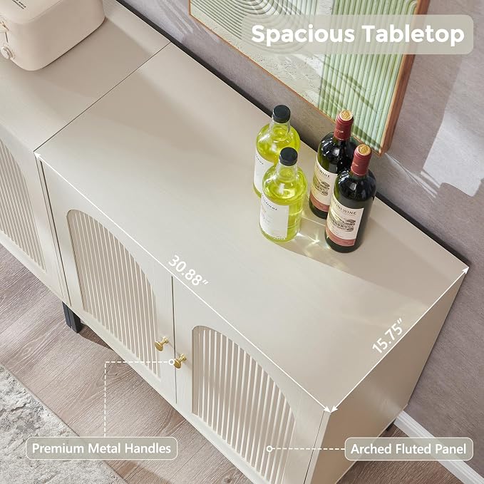 IFGET 92.63" W Modern Arched Sideboard Buffet Cabinet with Storage, Cream | Fluted Arch Sideboard Cabinet w/Adjustable Shelves, Wooden Modular Kitchen Cabinet for Dining& Living Room, Kitchen, Entryway