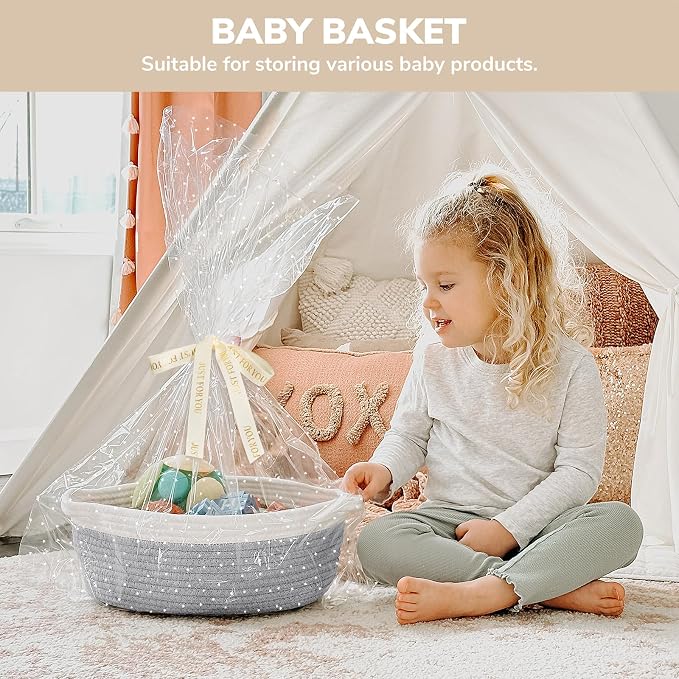 CHICVITA Small Rope Gift Basket Empty with Bags & Ribbon to Fill, Grey | 12"x 8"x 5" Woven Gift Basket Empty to Fill for Holiday, Rope Baskets for Organizing, Birthday Basket, Dog Toy Basket