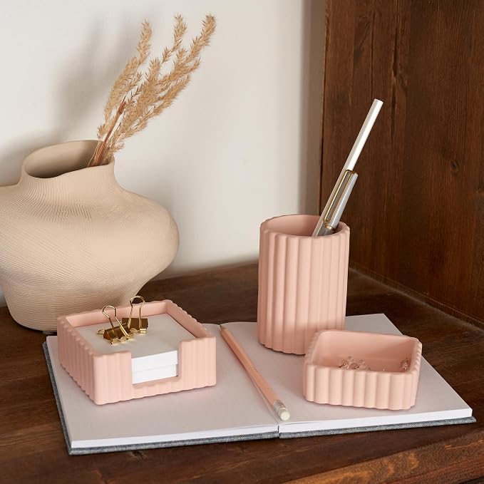 Aesthetic Desk Organizer Set of 3 For Your Office - Sturdy Concrete Desktop Accessories For Women Enhance Any Office Decor - Set incl. Pen Holder, Paperclip Storage & Sticky Note Holder for Teacher