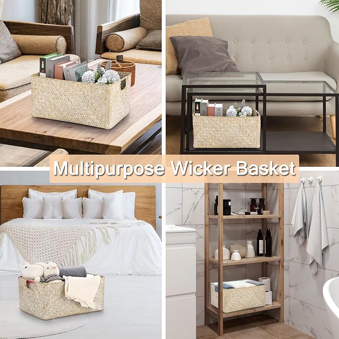 Hipiwe Wicker Shelf Baskets Seagrass Storage Opened Baskets Bin with Handle | Rectangular Closet Bedroom Basket Organizer Box, Multipurpose Woven Basket Home Organizer, Whitewash 14.6"x 10.6" x 7.1"