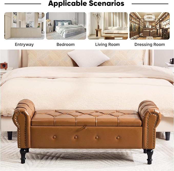 Storage Bench 51" Faux Leather End of Bed Benches Brown | Queen Size Storage Bench for Bedroom with Rolled Arms Tufted Ottoman Benches Upholstered Bench for Living Room Entryway