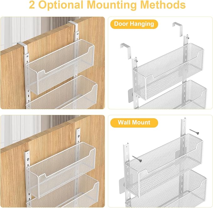 VyGrow Over the Door Organizer, 8-Tier Pantry Organizer with Fully Enclosed Mesh Baskets, Heavy-Duty Metal Hanging Spice Rack for Kitchen Bathroom Laundry Room, 2-in-1 Wall Mount or Door Mount, White