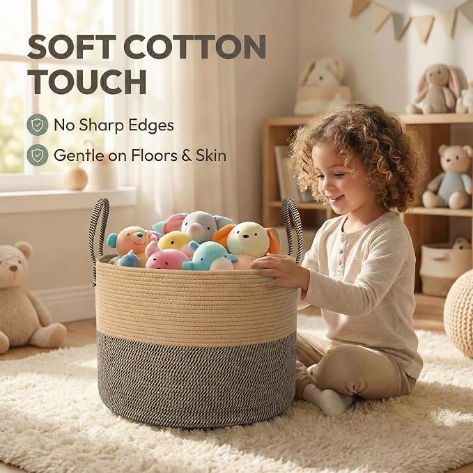 JMvicyroam 65L Extra Large Machine Washable Cotton Rope Blanket Basket | Collapsible laundry hamper, Reinforced handles, For blankets, pillows, toys and clothes, Living room and bedroom, Jute&Black