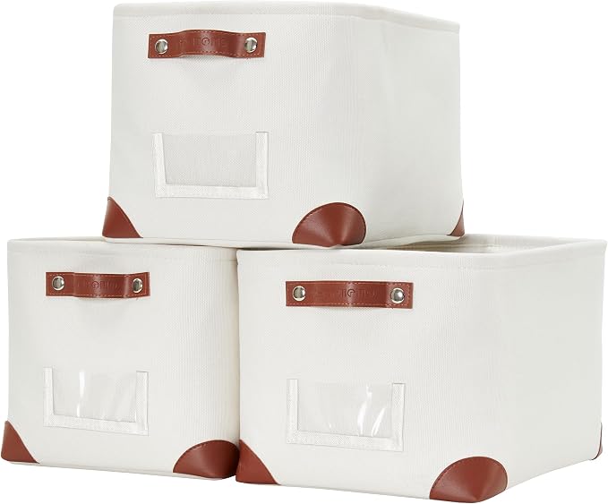 DECOMOMO Storage Bins, Fabric Storage Baskets for Shelves | 3 Pack Linen Closet Organization (Creamy White, Large)