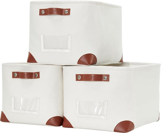DECOMOMO Storage Bins, Fabric Storage Baskets for Shelves | 3 Pack Linen Closet Organization (Creamy White, Large)