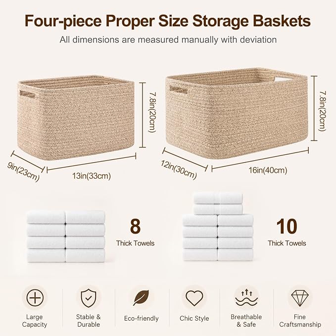 OIAHOMY 4 Pack Storage Baskets for Organizing, Cube Storage Bins for Shelves, Rectangle Storage Baskets With Handles, Woven Baskets for Storage, 16''Lx12''Wx8''H, White