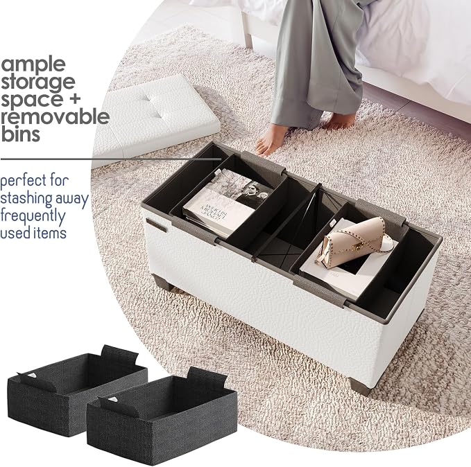 Storage Ottoman Bench with Bins, 30-in Storage Bench for Bedroom End of Bed, Folding Foot Rest Ottoman for Living Room Max 660lbs, Faux Leather Ottomans, Cream