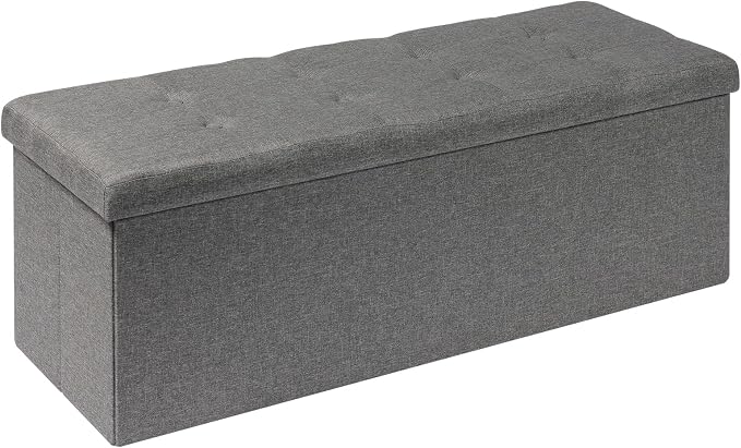 PINPLUS Folding Storage Ottoman Bench, Grey Linen Long Ottoman Chest Foot Rest Stool with Padded Seat, Chest with Cover, Bedroom Bench with Storage, 43.3inches