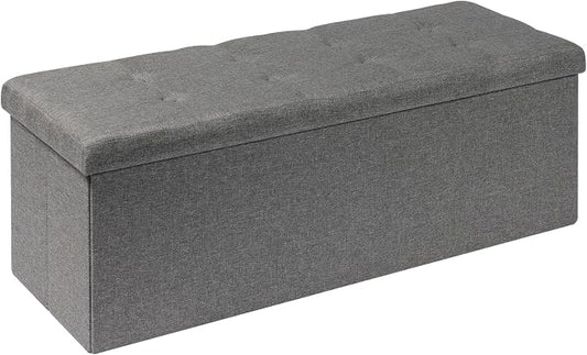 PINPLUS Folding Storage Ottoman Bench, Grey Linen Long Ottoman Chest Foot Rest Stool with Padded Seat, Chest with Cover, Bedroom Bench with Storage, 43.3inches