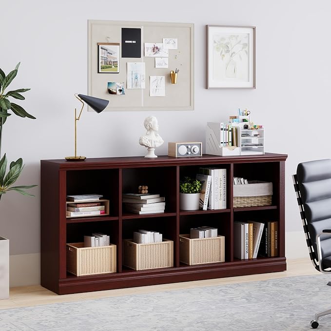 2 Tiers 8 Cube Storage Organizer Bookcase, 54 inch Width Wooden Book Shelf | 8 Storage Cube Adjustable Space Book Case, Horizontal Bookshelf Display Cabinet Organizer for Home Library Office, Mahogany