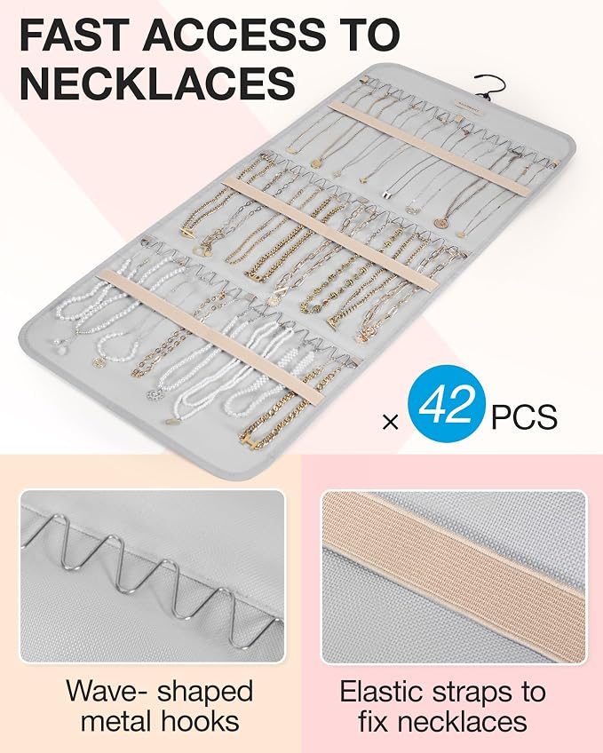 BAGSMART Hanging Jewelry Organizer Necklace/Earring/Ring 2-Sided L Grey | Jewelry Holder Organizer Storage with Hanger Metal Hooks Double-Sided Jewelry Holder on Closet, Wall, Door