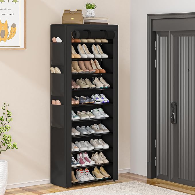 OYREL Large Shoe Rack, Black, 6 Side Pockets, 23.6" Wide x 11.4" Deep x 68.9" Tall, 36-41 Pairs of Shoes | Space Saving Fabric Cover Shoe Organizer Shelf for Closet, Bedroom, Garage, Entryway, Narrow Free Standing Cabinet Holder