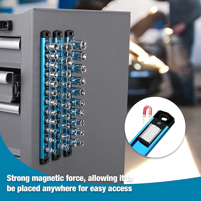 WORKPRO Magnetic Socket Organizer, Heavy Duty 1/2-Inch Drive Socket Rail | 1 Piece Socket Holder with 10 Spots, Aluminum Alloy, Rotatable & Movable Clips, Efficient Organization