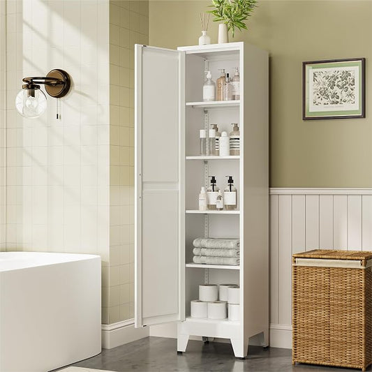 COFaR 67" Tall Metal Pantry Cabinet, White Storage Cabinet with Magnetic Door & 4 Adjustable Shelves, Slim Freestanding Cupboard for Kitchen, Bathroom, Living Room