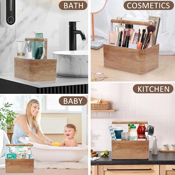 BYUNER Shower Caddy Portable for College: Devided Bathroom Caddy Shower Basket for Dorm with Handle, Plastic Bathroom Counter Organizer Storage Tote Bin for Dorm,Kitchen,Cabinet, Wood Grain