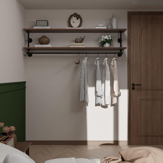 Clothes Rack 70in, Wall Mounted Garment Rack with Real Walnut Wood Shelf, Heavy Duty Hanging Clothes Rack, Multi-Purpose Hanging Rod, Space-Saving Closet Storage