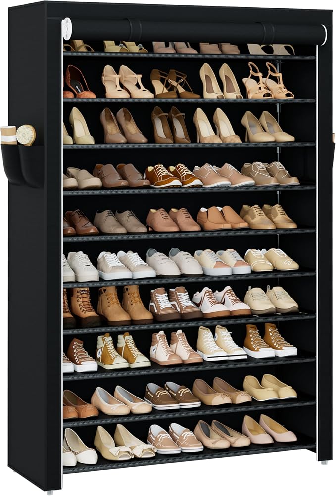 CASAMAYA Shoe Rack with Covers, 10 Tiers Tall Shoe Rack Organizer, Large Capacity Shoe Shelf Storage, Hold 50 Pairs of Shoes, Vertical Shoe Storage Organizer for Closet, Entryway, Black, SRT105B01