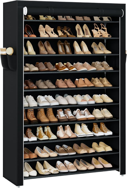CASAMAYA Shoe Rack with Covers, 10 Tiers Tall Shoe Rack Organizer, Large Capacity Shoe Shelf Storage, Hold 50 Pairs of Shoes, Vertical Shoe Storage Organizer for Closet, Entryway, Black, SRT105B01