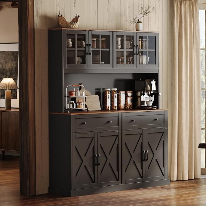 71''H x 55.1''W Pantry Cabinet with Charging Station, 4 Wide Cabinets Kitchen Pantry with 2 Drawers, Farmhouse Hutch Storage Cabinet, Tall Coffee Bar, Acrylic Door, Adjustable Shelves, Black