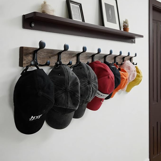 WEBI Coat Rack Wall Mount,43" Solid Wood Coat Hooks Wall Mounted Coat Hanger,16" Hole to Hole,Heavy Duty Hook Rack Rail,8 Triple Hooks for Hanging Coats,Jacket,Clothes,Hat,Weathered Brown,2 Packs