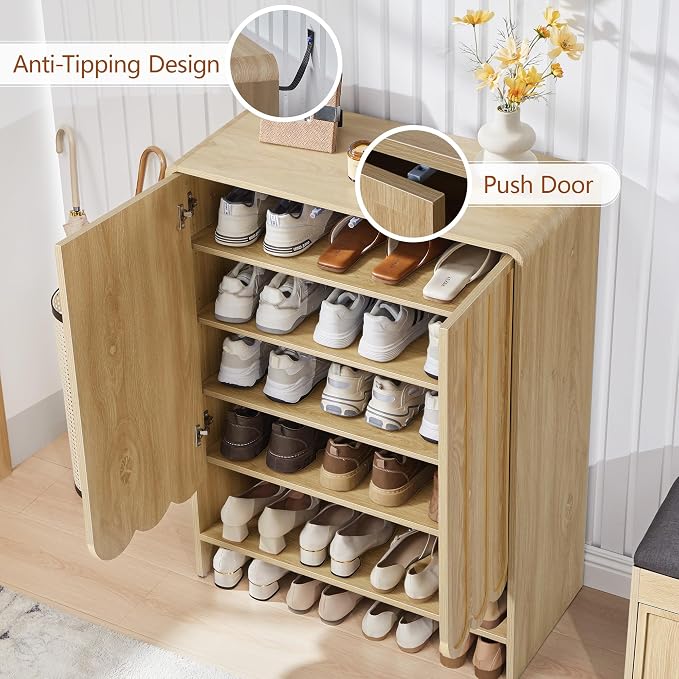 Shoe Storage Cabinet with Scalloped Doors, 5-Tier Wooden Shoe Cabinet with Adjustable Shelves, Shoes Rack Storage Organizer for Entryway, Hallway, Living Room, Natural