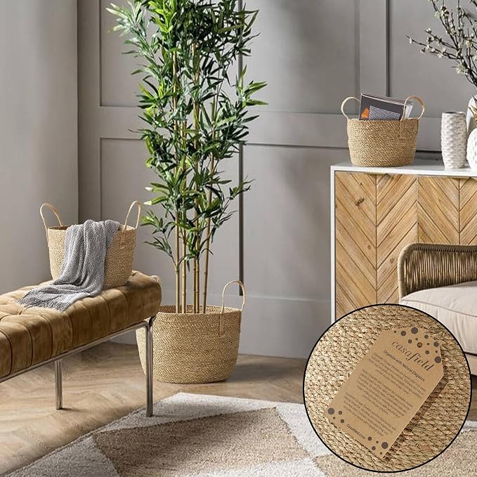 Casafield Set of 3 Braided Seagrass Baskets with Jute Handles - Natural, Woven Storage Basket Planters, Boho Decor for Entryway, Living Room, Bedroom