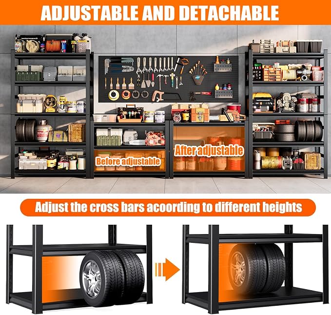 PRESTELION Garage Shelving 3000 LBS Adjustable Metal Storage Shelves | Garage Shelving Unit 72"H×35.4"W×15.7"D, Boltless 5-Tier Rack for Garage Kitchen Pantry Basement Warehouse Bedroom, Black