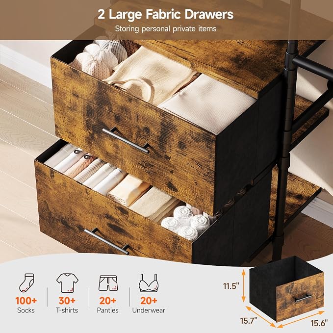 T3 Wall Mounted Industrial Pipe Closet Organizers Storage System | Metal Clothing Rack with 2 Drawers, 6 Wooden Shelves & 4 Expandable Rods, Heavy Duty Garment Rack, Wardrobe (Rustic Brown)