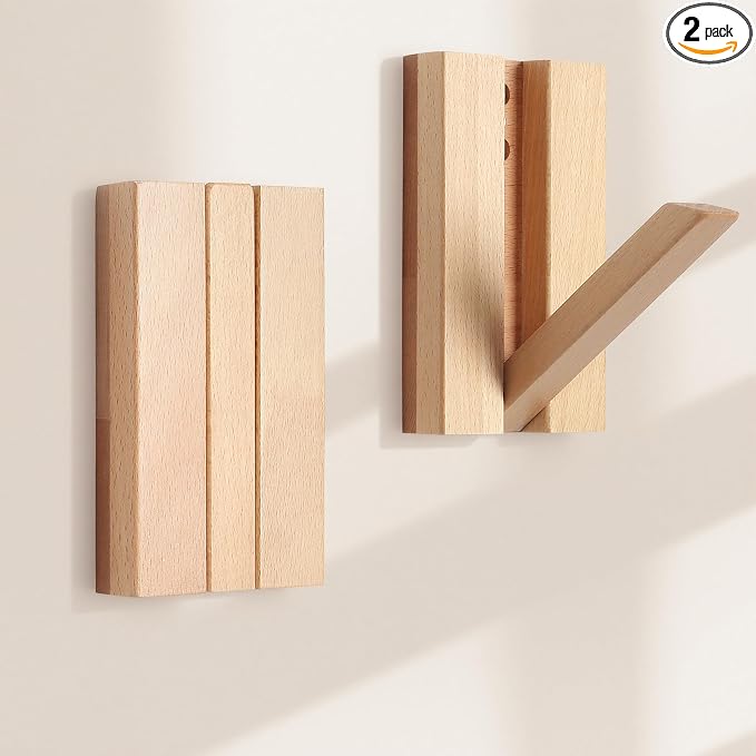 Wall Hooks for Small Space: 2Pack Foldable Wood Natural Coat Hooks | Hangers for Limited Spaces - Hanging Towel Backpack Bags Jacket - Space Saving Minimalist Design for Aesthetic Homeowners