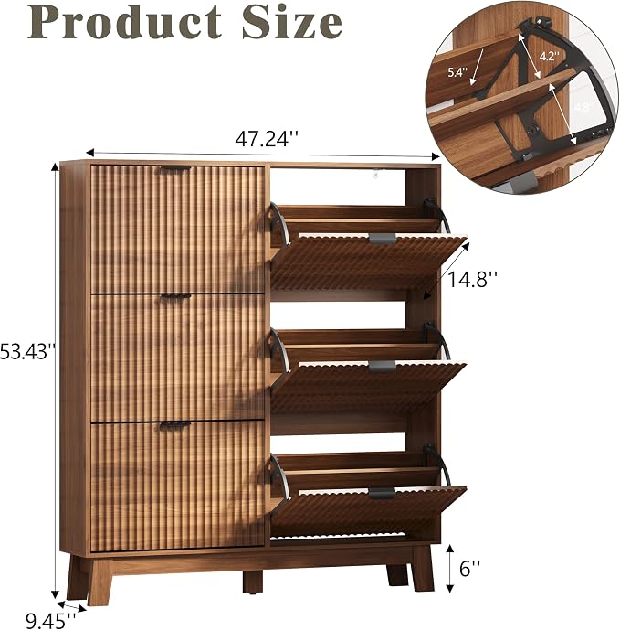 Shoe Cabinet Storage for Entryway with 6 Flip Drawers, Fluted Narrow Shoe Organizer with Wooden Legs, Freestanding Slim Shoe Storage Hidden Shoe Rack Organizer for Front Door Entrance, Walnut