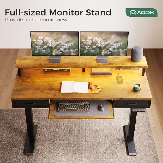 AODK 55 Inch Standing Desk with Drawers & Keyboard Tray, Rustic Brown | 3 Outlets & 2 USB Ports, LED Lights, Monitor Stand, Cable Management Tray, 3 Memory Heights, 29.9"-46.1" in Range