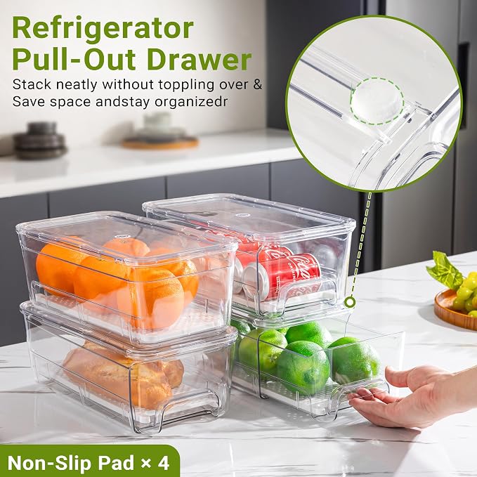 Imncya 6 Pack Stackable Pull-Out Fridge Organizer Drawers, Clear Refrigerator Drawer with Lids, Fridge Stackable Storage Drawers for Veggies, Fruits, Food Storage and Organizer